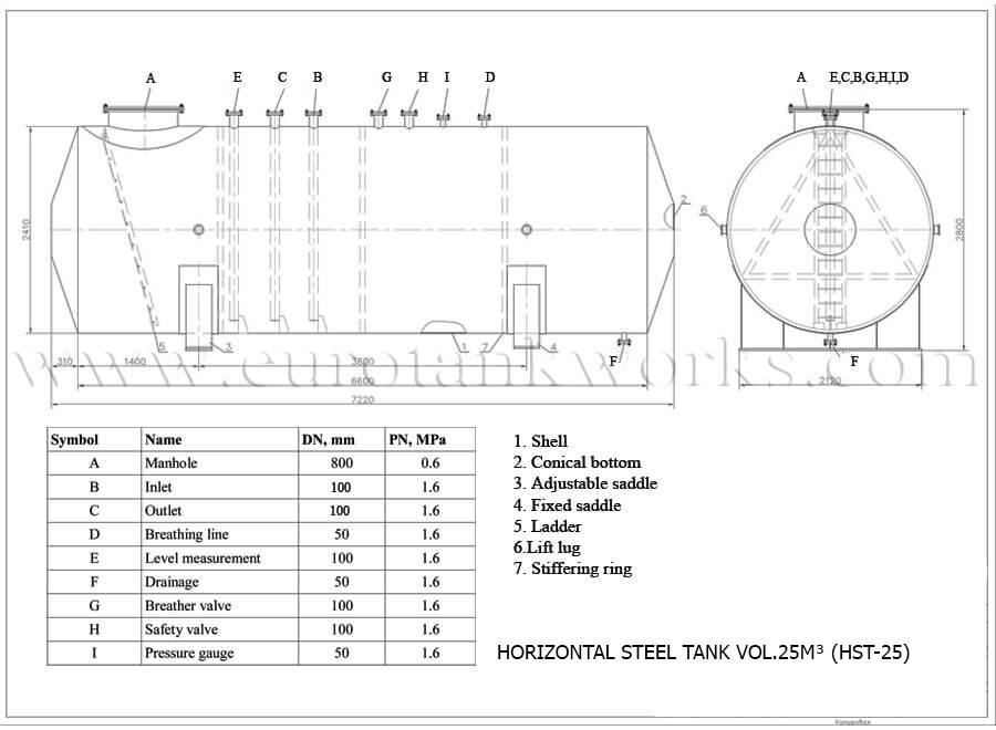 Dessin - Réservoir hors sol soudé en atelier, capacité 25 mètres cubes